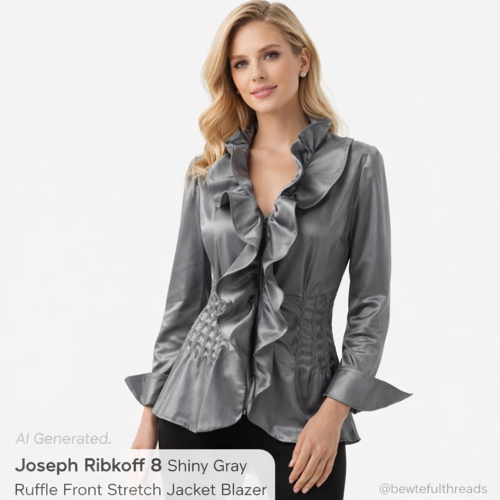 Joseph Ribkoff 8 metallic Gray Ruffle Front Stretch Jacket Blazer
